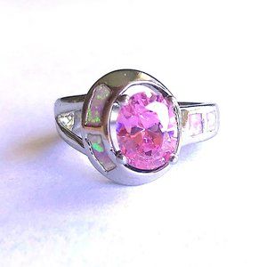Pink Opal, Sparkly Ring, Synthetic Stone and Silver, Size 7.5